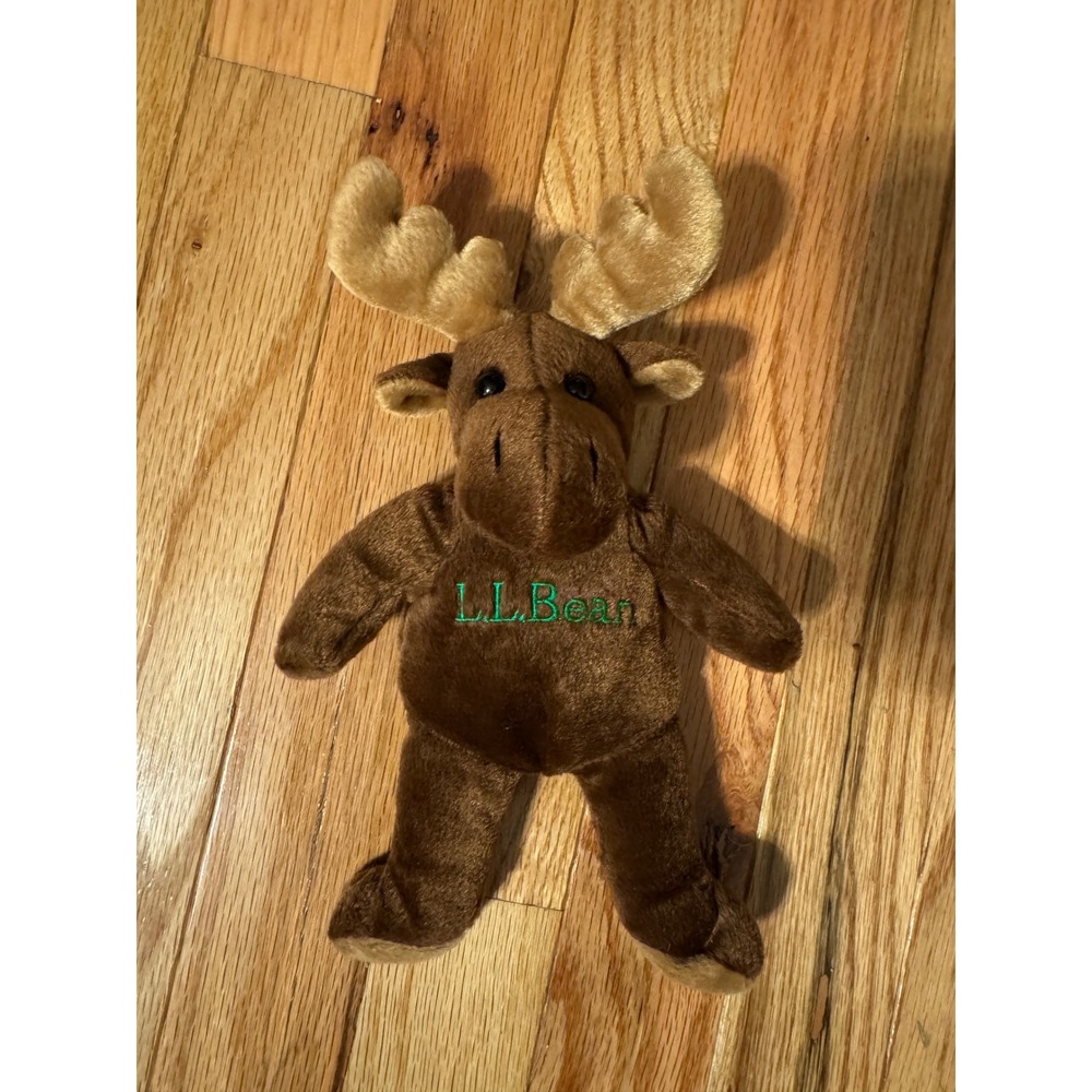 LL Bean Plush Moose Brown Stuffed Animal Green Embroidered Logo 9 Inch